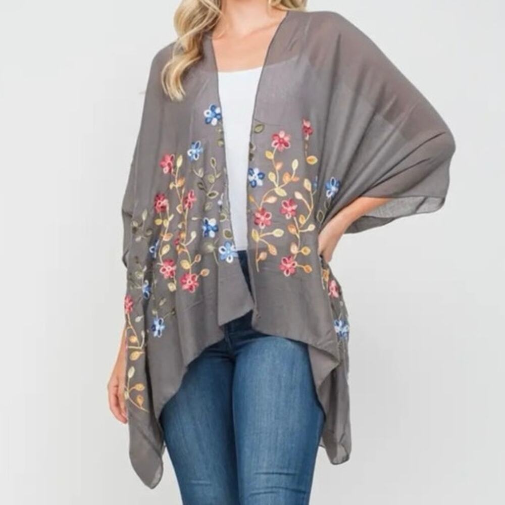 Raj Charlotte Floral Embroidered Kimono Smoke Multi One Size NWOT